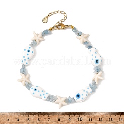 Ocean Natural Aquamarine Chip & Synthetic Turquoise Starfish & Handmade Porcelain Fish Beaded Anklets for Women&nbsp;AJEW-AN00865