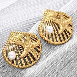 Shell Shape with Starfish 304 Stainless Steel Plastic Imitation Pearl Stud Earrings&nbsp;EJEW-Z109-04G