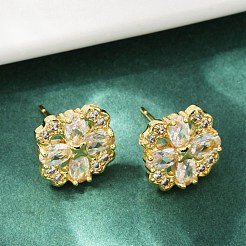 Flower Brass Micro Pave Clear Cubic Zirconia Stud Earrings&nbsp;EJEW-U064-02G