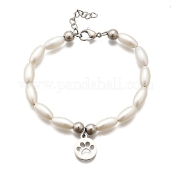 304 Stainless Steel Flat Round with Paw Print Charm Bracelets for Women&nbsp;BJEW-C098-11P