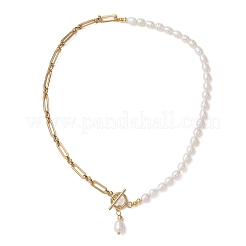 304 Stainless Steel Figaro Chain Natural Cultured Freshwater Pearl Rice Beaded Necklaces with OT Clasps&nbsp;NJEW-JN05959-01