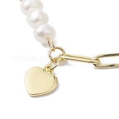 Natural Cultured Freshwater Pearl Beads Paperclip Chains Heart Charm Bracelets with Toggle Clasps for Women&nbsp;BJEW-JB10191