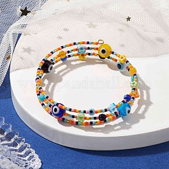 Evil Eye Lampwork & Glass Seed Bead Wrap Bracelet with Steel Wire&nbsp;BJEW-MZ00052