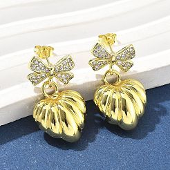 Bowknot Brass Micro Pave Clear Cubic Zirconia Dangle Stud Earrings for Women&nbsp;EJEW-U057-03G