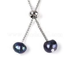 Adjustable Natural Pearl with Brass Chain Slider Bracelets for Women Girl&nbsp;BJEW-T022-16B