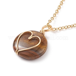 Flat Round Copper Wire Wrapped Natural Gemstone Pendants Necklace&nbsp;NJEW-JN03928