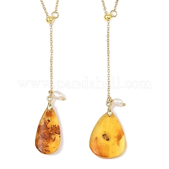 Natural Amber Teardrop Pendant Lariat Y Necklaces with Brass Cable Chains and Natural Pearl for Women&nbsp;NJEW-JN06607