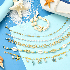 6Pcs 6 Styles Ocean Theme Brass & Plastic Pearl & Cowrie Shell & Iron Chain & Alloy & Synthetic Turquoise & Magnesite & Aluminum Baseball Cap Chain&nbsp;HJEW-SC0002-38