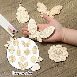 60Pcs 10 Style Spring theme Butterfly/Ladybird/Flower Unfinished Wood Pieces&nbsp;DIY-CJC0012-01