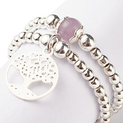 2Pcs 2 Style Natural Lavender Amethyst & Synthetic Hematite Beaded Rings with Brass Tree of Life Charms&nbsp;RJEW-JR00474-04