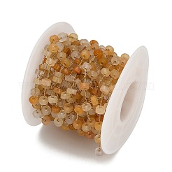 Handmade 304 Stainless Steel Yellow Aventurine Beads Flat Round Link Chains&nbsp;CHS-B011-05G-01