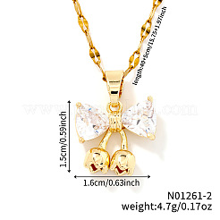 Brass Pave Clear Cubic Zirconia Bowknot Pendant Necklaces&nbsp;RA0776-2