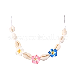 Handmade Polymer Clay 3D Flower Plumeria & Natural Cowrie Shell Beaded Braided Necklaces&nbsp;NJEW-TA00202