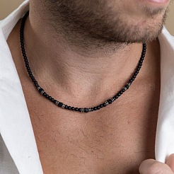 Round Matte Black Alloy & Natural Black Onyx(Dyed & Heated) Faceted Round Beaded Necklaces with Stainless Steel End Chains for Men&nbsp;GF6854