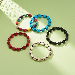Natural Mashan Jade Skull & Synthetic Turquoise(Dyed) Beaded Stretch Bracelet&nbsp;BJEW-JB08377