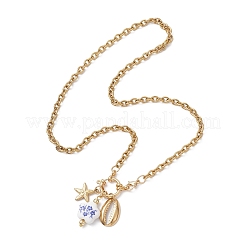 White and Blue Porcelain Flower & 304 Stainless Steel Starfish and Shell Shape Pendant Necklaces for Women&nbsp;NJEW-JN05648