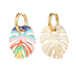 Monstera Leaf Enamel Charm Dangle Hoop Earrings&nbsp;EJEW-JE04853