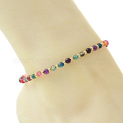 Faceted Round Natural Multi-Color Agate & Brass Beaded Anklets&nbsp;AJEW-AN00880