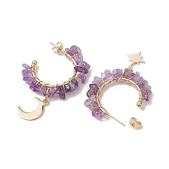Moon & Star Natural Mixed Gemstone Chip Dangle Half Hoop Earrings&nbsp;EJEW-JE05900