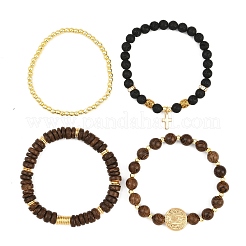 4Pcs 4 Styles Natural Lava Rock & Coconut & Wenge Wood & Brass Beaded Stretch Bracelet Sets for Women&nbsp;BJEW-JB12491