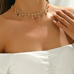 Brass Colorful Rhinestone Rainbow Rectangle Tassel Choker Necklaces for Women&nbsp;WG894E5-01