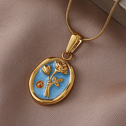 304 Stainless Steel Enamel Oval with Flower Pendant Necklaces for Women&nbsp;WT6363