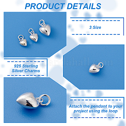 6Pcs 3 Styles 925 Sterling Silver Heart Charms with Jump Rings&nbsp;STER-PH0002-29