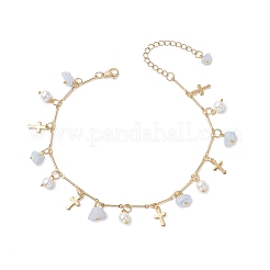 Natural Aquamarine Chip & Round Shell Pearl Cross Tassel Anklets&nbsp;AJEW-AN00716-01