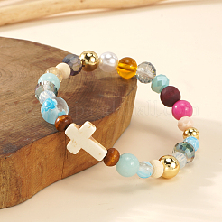 Synthetic Howlite & Glass & Plastic & Zinc Alloy & Brass & Wood Beads Stretch Bracelets for Women&nbsp;JJ5284