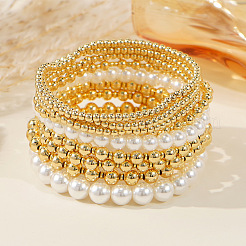 9Pcs Brass & Plastic Imitation Pearl Round Beads Stretch Bracelets for Women&nbsp;QZ7460-1