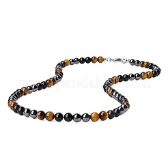 Synthetic Non-magnetic Hematite & Natural Tiger Eye & Obsidian Round Beaded Necklaces for Men&nbsp;YX5918-3