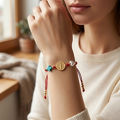 Religion Dyed Synthetic Turquoise Cross and Imitation Pearl Braided Bead Bracelets&nbsp;KV1006