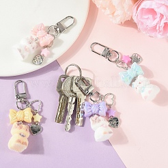 Cat Shape Flocky Opaque Resin & Opaque Acrylic Bowknot & Alloy Heart Charms Pendant Decorations&nbsp;HJEW-YW00343-01