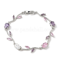 Brass Micro Pave Cubic Zirconia Oval & Leaf Link Chain Bracelets for Women&nbsp;BJEW-G764-05P-01