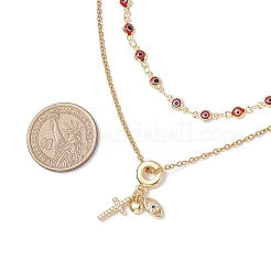 Brass Pave Clear Cubic Zirconia Cross Heart Evil Eye Pendant Handmade Evil Eye Lampwork 304 Stainless Steel Chain Double Layer Necklaces for Women&nbsp;NJEW-JN05398-01