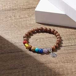 Natural Wood & Gemstone Round Beaded Stretch Bracelet with Alloy Tree Charm&nbsp;BJEW-JB08100