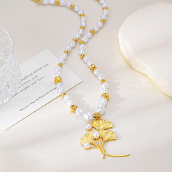 304 Stainless Steel Ginkgo Leaf Pendant Imitation Pearl Beaded Necklaces for Women&nbsp;WG458B2-01