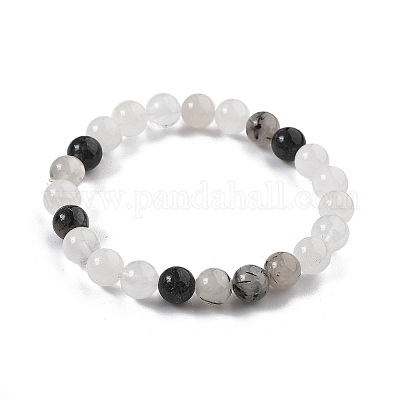 Natural Tourmalinated Quartz/Black Rutilated Quartz Stretch Beaded Bracelets&nbsp;G-A185-01J-1