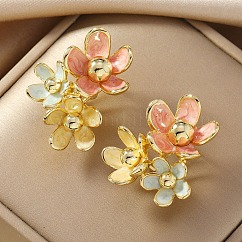 Alloy Enamel Stud Earrings, Golden, Flower, 36x30mm