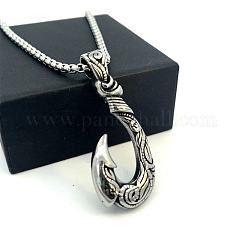 Vintage Style 304 Stainless Steel Fish Hook Pendant Necklaces for Men Women Jewelry, Stainless Steel Color, 23.62 inch(60cm)