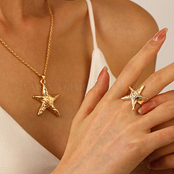 Starfish Alloy Pendant Necklace & Stud Earring & Ring Sets for Women&nbsp;FS-WG0D5F4-03