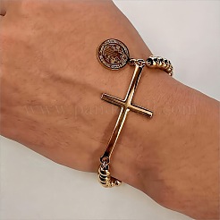 Cross & Flat Round with Saint Benedict 304 Stainless Steel Link Bracelets&nbsp;FS-WG3BB4A-01