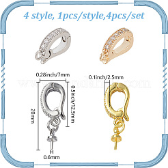4Pcs 4 Styles Brass Micro Pave Clear Cubic Zirconia Fold Over Clasps&nbsp;KK-DR0001-12