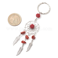 Woven Net/Web with Feather Alloy & Natural Red Jasper & Glass Seed Keychains&nbsp;KEYC-MZ00041-05