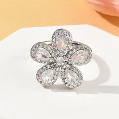 Flower Brass Micro Pave Cubic Zirconia Cuff Rings for Women&nbsp;RJEW-A069-14P-03