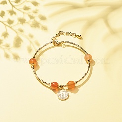 Brass Coin Charm Bracelet with Natural Red Aventurine&nbsp;BJEW-TA00116-04