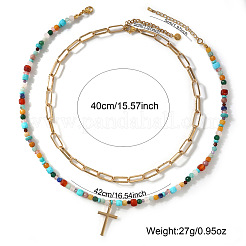 304 Stainless Steel Cross Pendant Paux Pearl & Glass & Mixed Stone Beaded Double Layer Necklaces for Women&nbsp;WU1738-2