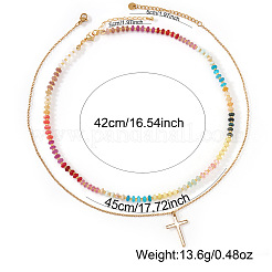 Stainless Steel Religion Cross Pendant Colorful Natural Gemstone Rondelle Beaded Double Layer Necklaces for Women&nbsp;CO5137