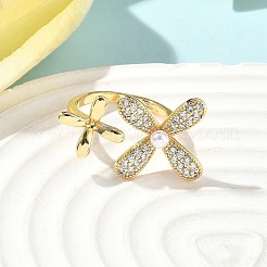 Brass Micro Pave Cubic Zirconia ABS Imitation Pearl Cuff Rings&nbsp;LS-RJEW-D307-02G-A