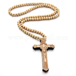 Wood Cross Pendant Necklace with Round Beaded Chains for Men Women&nbsp;RELI-PW0001-024A
